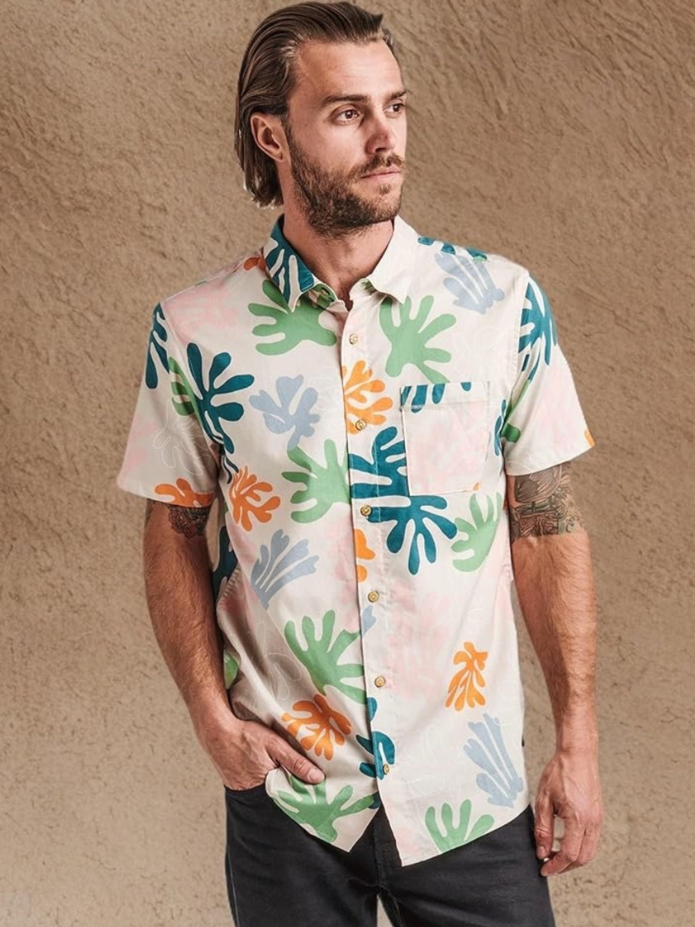 Roark NWT Journey Short Sleeve Button Up Shirt in "Coral Reefer Bone